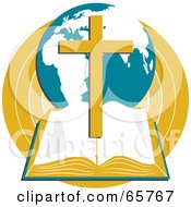 Royalty Free RF Clipart Illustration Of An Open Holy Bible With A Globe And Cross