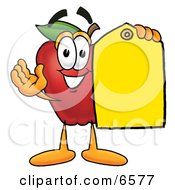 Red Apple Character Mascot Holding A Blank Yellow Price Tag For A Sale