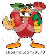 Red Apple Character Mascot Holding A Single Red Rose For His Love On Valentines Day Clipart Picture