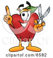 Red Apple Character Mascot Holding A Pair Of Scissors