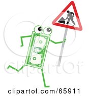 Banknote Character Holding A Road Work Sign
