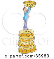 Poster, Art Print Of Tiny Man On A Stack Of Coins Holding Up A Coin