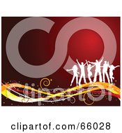 Royalty Free RF Clipart Illustration Of A Red Christmas Party Background With White People Dancing On Colorful Swooshes