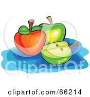 Poster, Art Print Of Whole And Halved Green And Red Apples On Blue