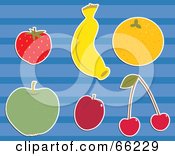 Digital Collage Of Fruits Strawberry Banana Orange Apple Plum And Cherries