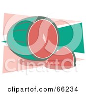 Royalty Free RF Clipart Illustration Of Cut Watermelon Over Green And Pink Triangles