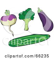 Royalty Free RF Clipart Illustration Of A Digital Collage Of Veggies Rutabaga Broccoli Eggplant And Cucumber by Prawny