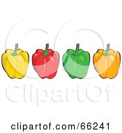 Poster, Art Print Of Row Of Shiny Yellow Red Green And Orange Bell Peppers