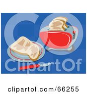 Slices Of Toast And A Toaster On A Checkered Blue Background
