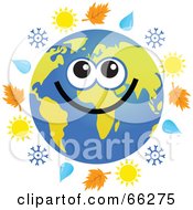 Global Face Character With Autumn Leaves Rain Drops Snowflakes And Suns