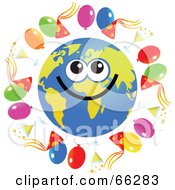 Poster, Art Print Of Global Face Character With Party Balloons Hats And Champagne