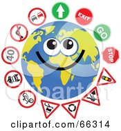 Royalty Free RF Clipart Illustration Of A Global Face Character With Signs Arrow Exit Go Stop Traffic Signal Road Work Etc by Prawny