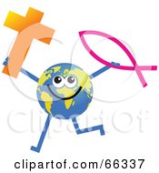 Royalty Free RF Clipart Illustration Of A Global Character Holding A Cross And Christian Fish by Prawny