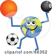 Poster, Art Print Of Global Character Holding And Kicking A Basketball Eight Ball And Soccer Ball