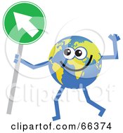 Royalty Free RF Clipart Illustration Of A Global Character Holding A Green Arrow Sign