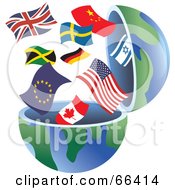 Poster, Art Print Of Open Globe With International Flags