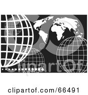 Royalty Free RF Clipart Illustration Of A Black And White Background Of Wire Globes And A Map