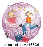 Royalty Free RF Clipart Illustration Of Two Women Dancing With Hand Bags And Music Notes Over Purple
