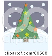 Poster, Art Print Of Retro Green Christmas Tree With Stars On A Snowy Hill