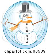 Poster, Art Print Of Happy Snowman With Twig Arms Over A Blue Circle