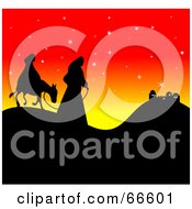 Royalty Free RF Clipart Illustration Of Mary And Joseph Silhouetted On A Hill At Sunset