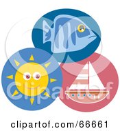 Royalty Free RF Clipart Illustration Of A Collage Of A Fish Sun And Sailboat by Prawny