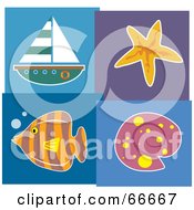 Poster, Art Print Of Seaside Collage Of A Sailboat Starfish Fish And Shell