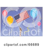 Royalty Free RF Clipart Illustration Of A Hand Holding An American Flag Around Balloons On Purple