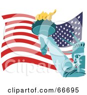 Poster, Art Print Of Statue Of Liberty Holding Her Torch Over An American Flag