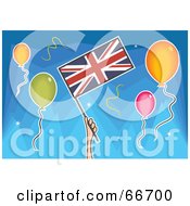 Poster, Art Print Of Hand Holding A Union Jack Flag Around Balloons Over Blue