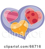 Royalty Free RF Clipart Illustration Of Three Patterned Hearts On A Purple Heart