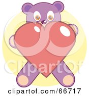 Royalty Free RF Clipart Illustration Of A Sweet Purple Teddy Bear Holding A Pink Heart Over A Yellow Circle by Prawny