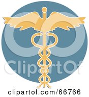 Royalty Free RF Clipart Illustration Of A Yellow Caduceus Over A Blue Circle