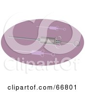 Royalty Free RF Clipart Illustration Of Embalming Syringes On A Purple Oval