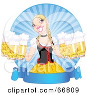 Royalty Free RF Clipart Illustration Of A Blond Beer Maiden Serving Frothy Beers At Oktoberfest Over A Blank Blue Banner