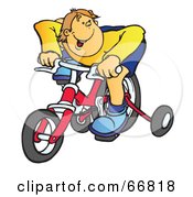 Poster, Art Print Of Happy Boy Riding A Red Bike With Training Wheels