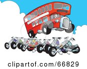 Poster, Art Print Of Double Decker Bus Jumping A Row Of Motorcycles