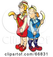 Royalty Free RF Clipart Illustration Of Two Hockey Girls In Opposing Uniforms Holding Hockey Sticks by Snowy