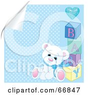 Royalty Free RF Clipart Illustration Of A White Teddy Bear Leaning Against Baby Blocks On A Peeling Blue Background