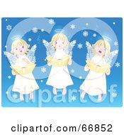 Three Innocent Singing Angels With Snowflakes On Blue