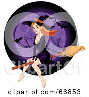 Royalty Free RF Clipart Illustration Of A Sexy Redhead Witch Flying In Front Of A Purple Full Moon With Bats
