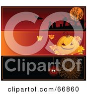 Poster, Art Print Of Digital Collage Of Three Blank Halloween Website Headers Cemetery Pumpkin And Spider Web
