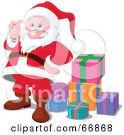 Poster, Art Print Of Thoughtful Santa Playing With His Beard And Standing By Gifts