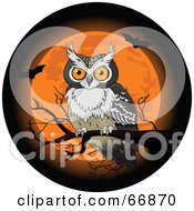 Poster, Art Print Of Halloween Owl Perched On A Bare Branch In Front Of An Orange Full Moon With Bats