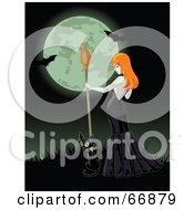Royalty Free RF Clipart Illustration Of A Sexy Halloween Witch And Black Cat On A Grassy Hill Against A Full Moon With Bats