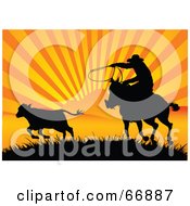 Poster, Art Print Of Silhouetted Cowboy Roping A Calf At Sunset