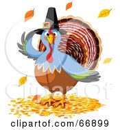 Poster, Art Print Of Thanksgiving Turkey Bird Wearing A Pilgrim Hat And Standing In Fall Leaves