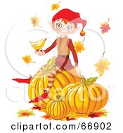 Poster, Art Print Of Thanksgiving Elf Sitting On Top Of Pumpkins A Bird In Hand