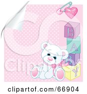 Royalty Free RF Clipart Illustration Of A White Teddy Bear Leaning Against Baby Blocks On A Peeling Pink Background