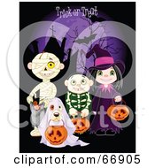Royalty Free RF Clipart Illustration Of Children And A Dog Trick Or Treating In Mummy Skeleton Ghost And Witch Costumes by Pushkin
